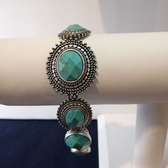 Lucky Brand Gem Bazaar Turquoise Stone Rounds Silver Tone Link Bracelet 7.5" - Picture 2 of 10